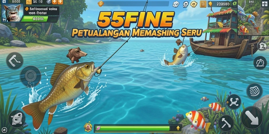 Gameplay seru memancing di 55FIVE dengan ikan beragam.