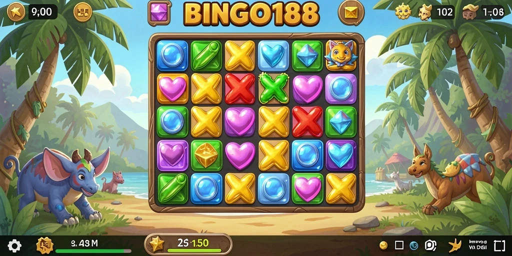 Tampilan gameplay BINGO188 dengan level Match-3 yang menantang.