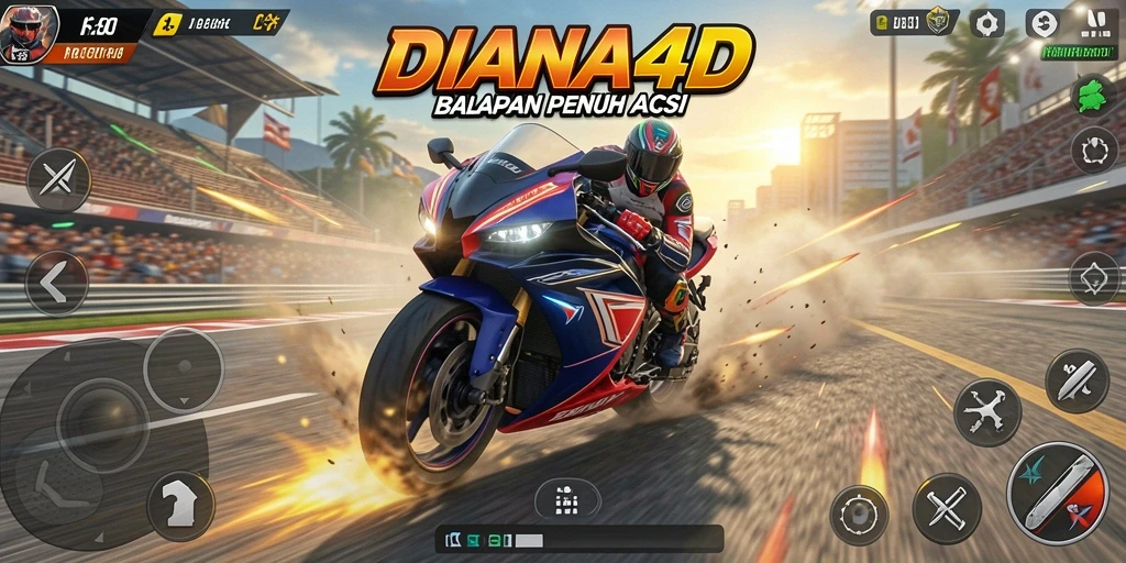 Screenshot DIANA4D menampilkan aksi balapan motor yang seru.
