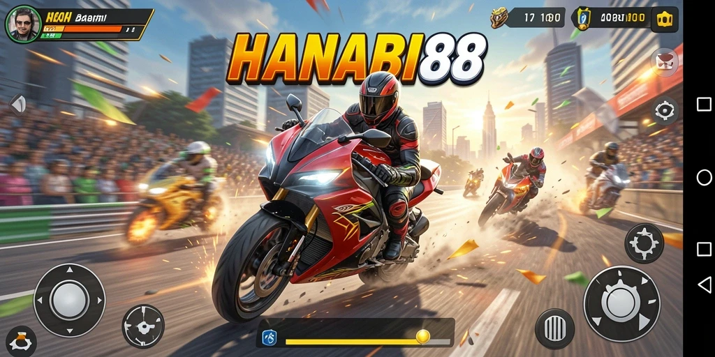 Screenshot gameplay HANABI88 yang penuh aksi balapan motor.