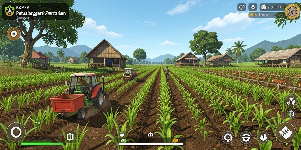 Screenshot gameplay KPK79 menampilkan petani sedang bekerja di ladang.