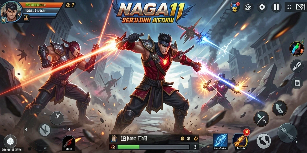 Tangkapan layar gameplay NAGA11 dengan pertarungan yang intens.