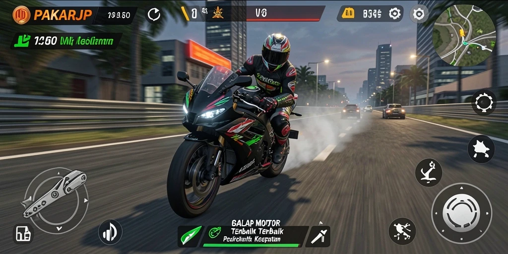 Tampilan gameplay PAKARJP yang mendebarkan dengan balapan motor yang cepat.