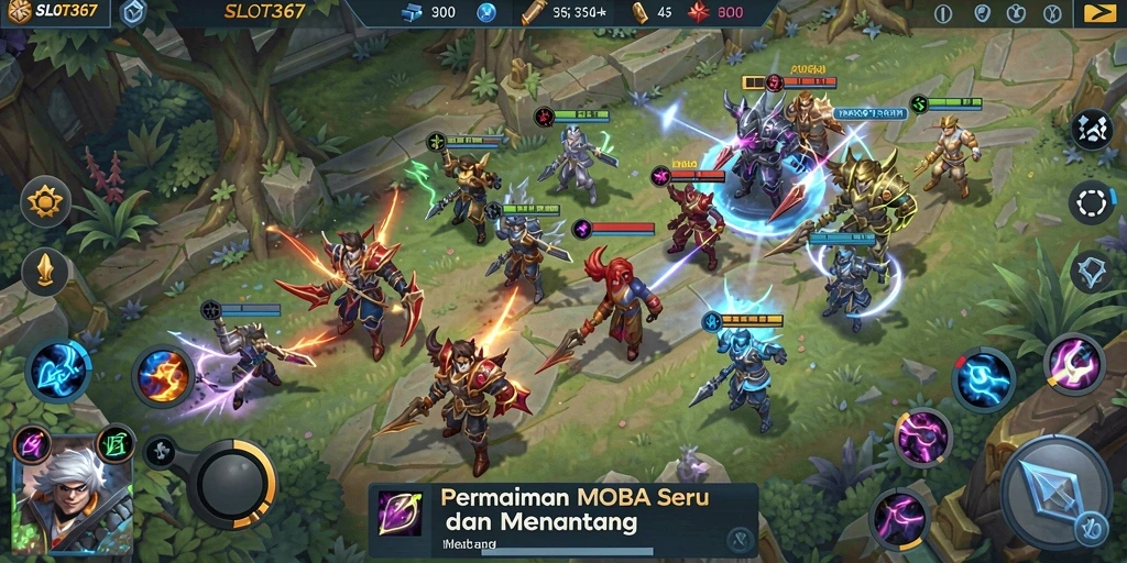 Tampilan gameplay SLOT367 dengan aksi pertempuran MOBA yang intens.