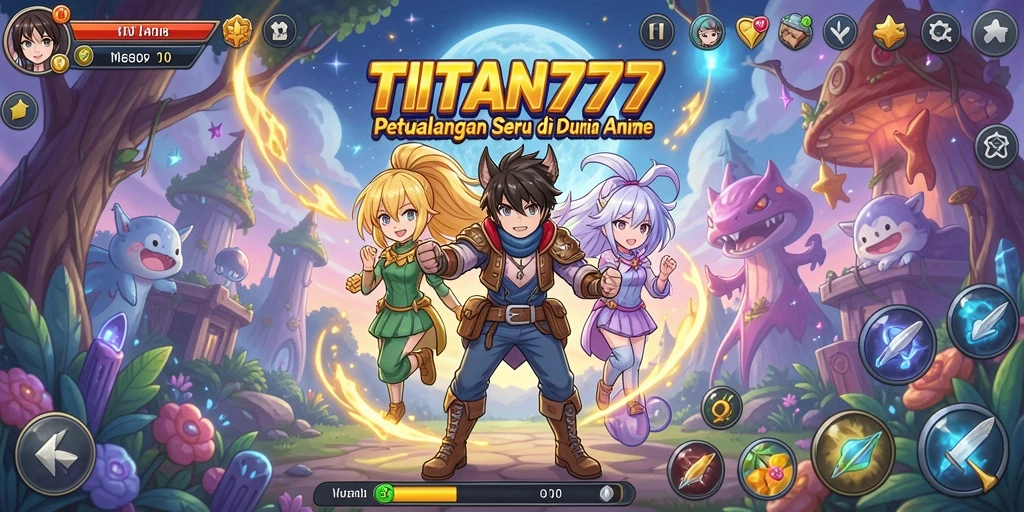 Tangkapan layar gameplay TITAN777 dengan karakter anime yang dinamis dan aksi seru.